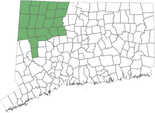 Map of Connecticut with the northwest region, including Litchfield County, highlighted in green